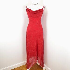 Vintage 00s Y2K Glam Jonathan Martin Red Sheer Floral Glitter Maxi Evening Dress